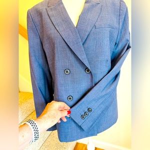 Banana Republic double breasted, gray-blue blazer with striped lining. Size 14.